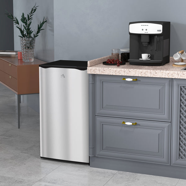 Compact refrigerator with freezer, adjustable shelf, mechanical thermostat and reversible door, silver