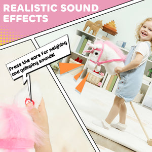 Plush Unicorn with Wooden Wheels, Neighing and Galloping Sounds, White