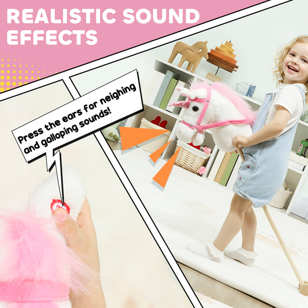 Plush Unicorn with Wooden Wheels, Neighing and Galloping Sounds, White