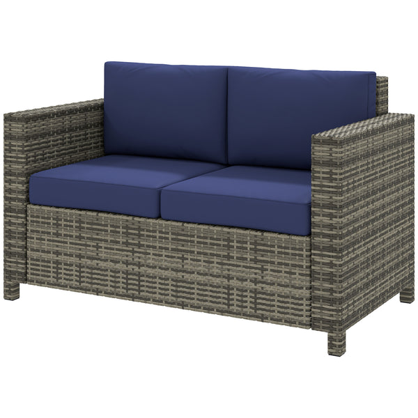 Two-seater outdoor sofa in woven resin, dark blue