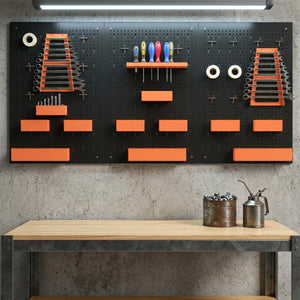 Wall-mounted tool organizer with 3 panels, 9 bins, 5 holders, and 16 hooks – Black and orange