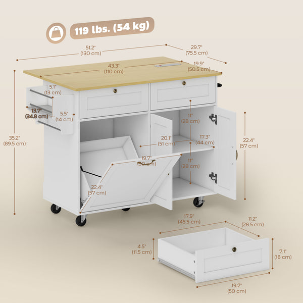 White mobile kitchen island with fold-down countertop, electrical outlets and storage