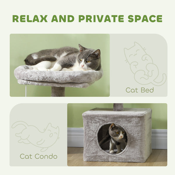 Cat tree with scratching posts, niche, beds, platforms and play balls, light grey