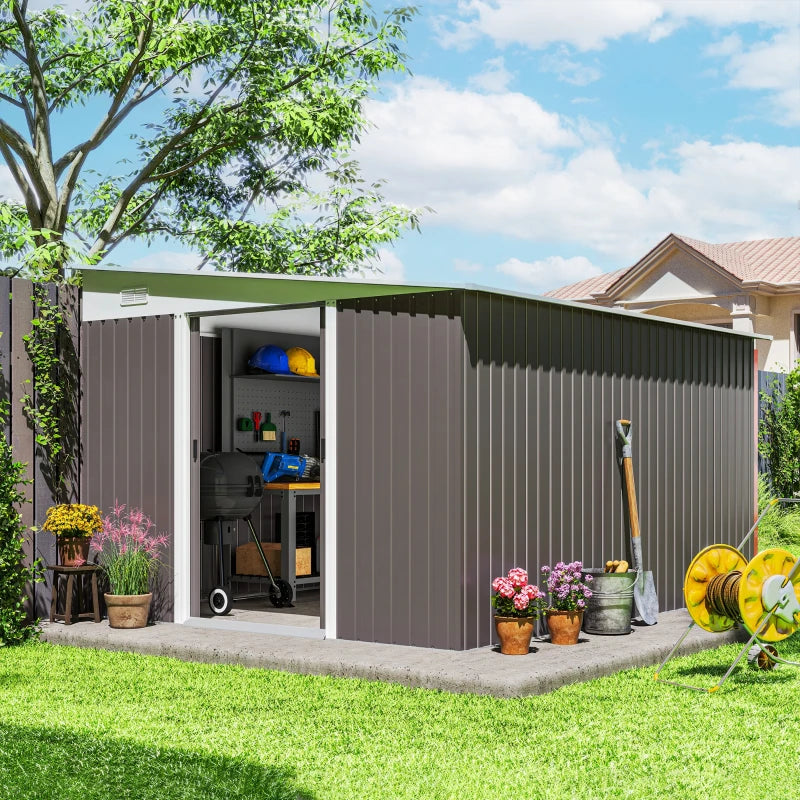 Grey steel garden shed with double sliding doors and 2 vents