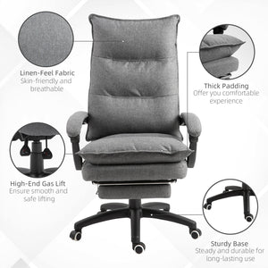 Reclining and height-adjustable office chair with retractable footrest, grey