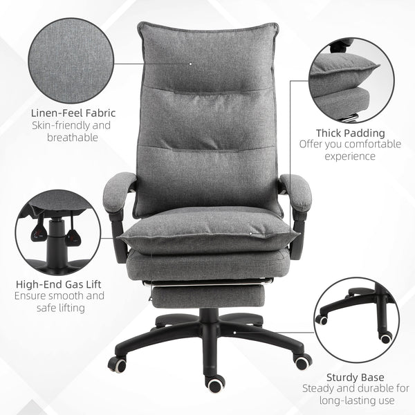 Reclining and height-adjustable office chair with retractable footrest, grey