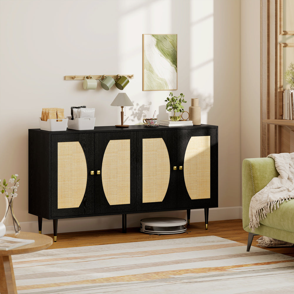 Bohemian storage sideboard with adjustable shelves, soft-close doors and rattan front, black