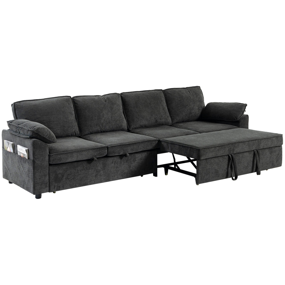 4-seater chenille sofa bed with independent dual sliding mechanism, grey