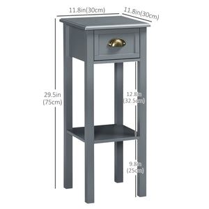 Set of 2 narrow bedside tables with drawer and shelf, gray