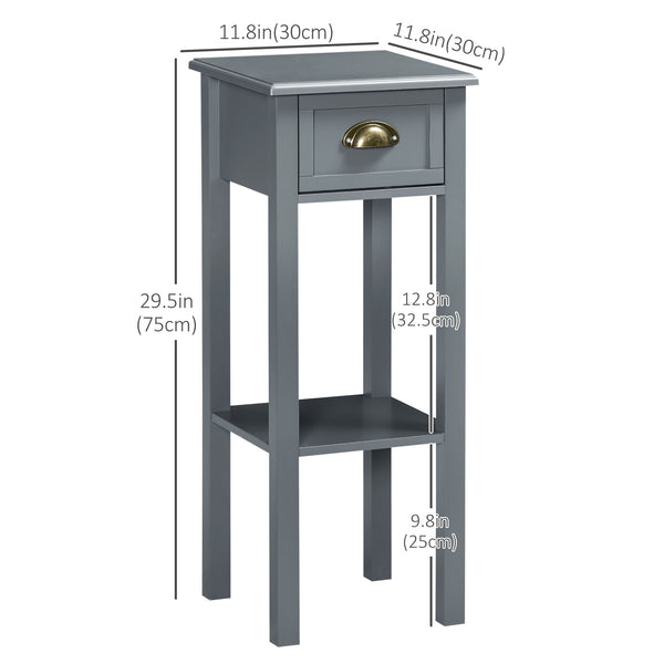 Set of 2 narrow bedside tables with drawer and shelf, gray