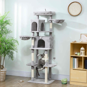 69-inch Multi-Level Cat Tree with 2 Condos, Plush Perch and Scratching Posts, Light Gray