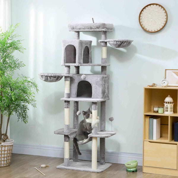 69-inch Multi-Level Cat Tree with 2 Condos, Plush Perch and Scratching Posts, Light Gray