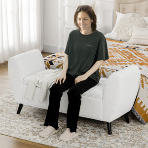 Upholstered storage bench with armrests, cream white