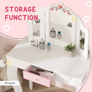 Dressing table with removable three-panel mirror and drawer, white