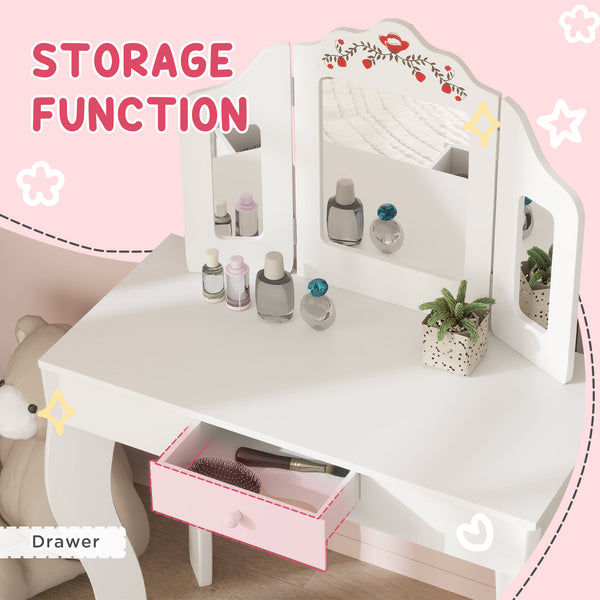 Dressing table with removable three-panel mirror and drawer, white