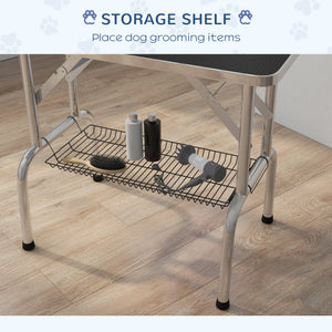 Foldable grooming table with height-adjustable grooming arm and storage shelf, black