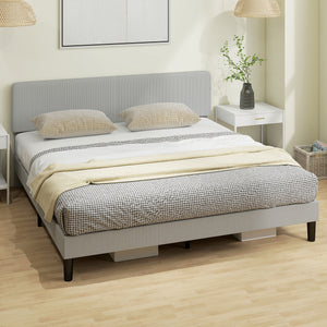 King size bed frame with adjustable upholstered headboard, wooden slatted base, quiet, light grey