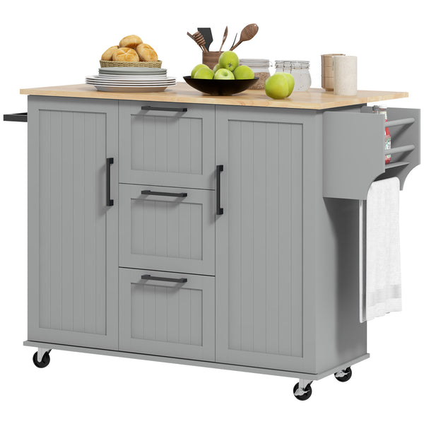 Kitchen trolley on wheels with flap, 3 drawers, solid wood top and towel rail