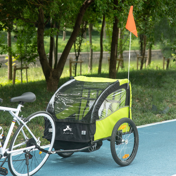2-seater bicycle trailer with 5-point harness, 20-inch wheels, green