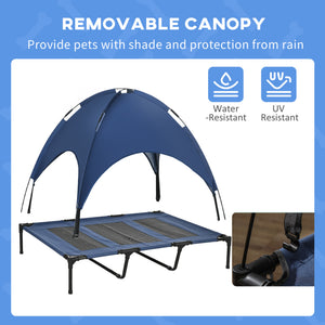 Cooling elevated dog bed with canopy, dark blue