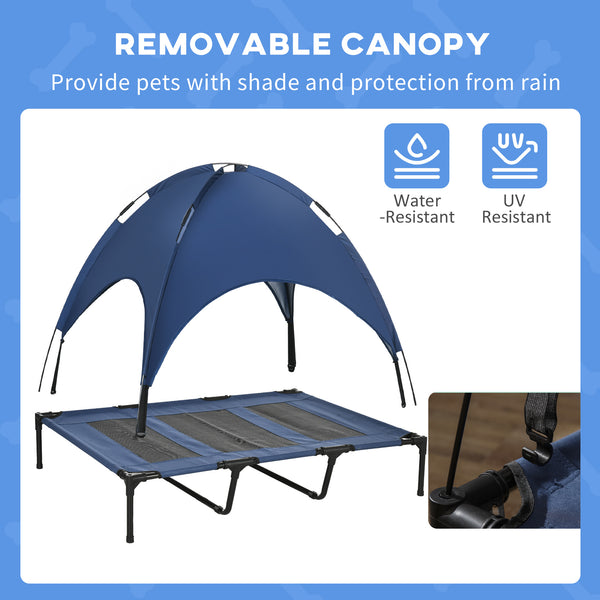 Cooling elevated dog bed with canopy, dark blue