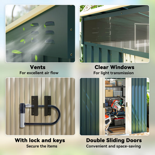 Galvanized metal garden shed with foundation kit, green