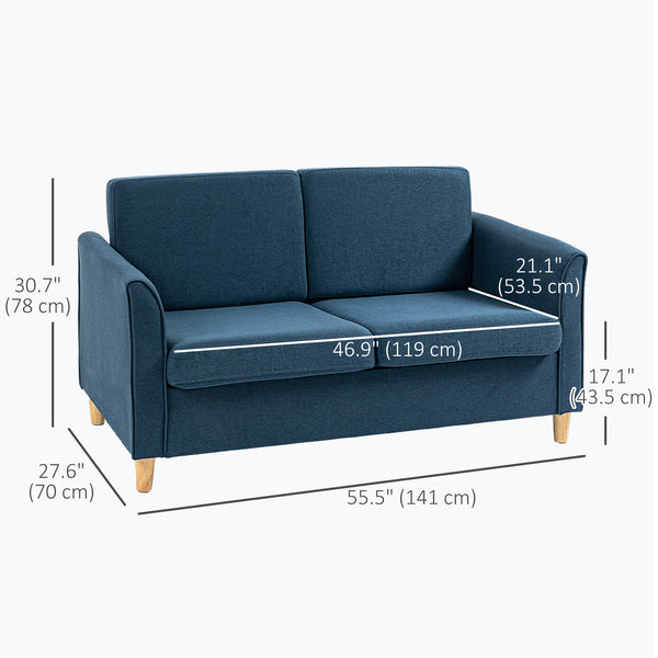 2 seater sofa with armrests and wooden legs for living room, bedroom, blue