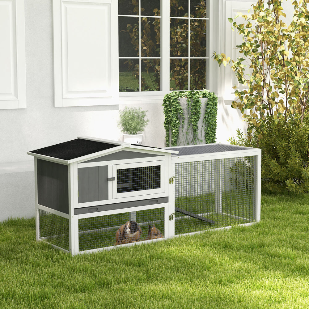 Wooden hutch with removable tray, opening roof, waterer and run, grey