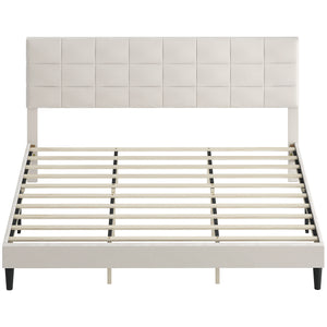 King size bed frame with upholstered headboard with wooden slats, cream color