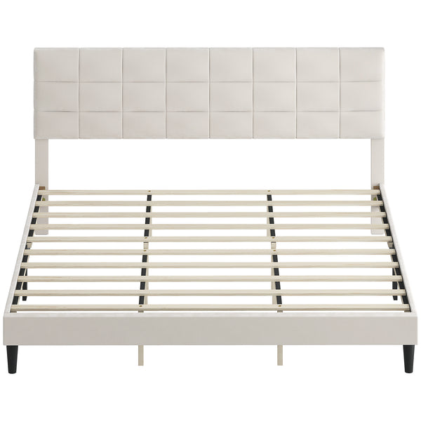 King size bed frame with upholstered headboard with wooden slats, cream color