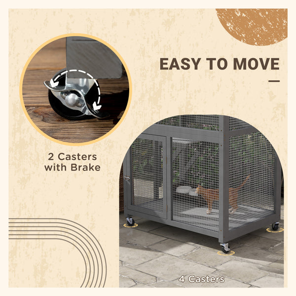 Wooden cat house, weatherproof and on wheels, light grey