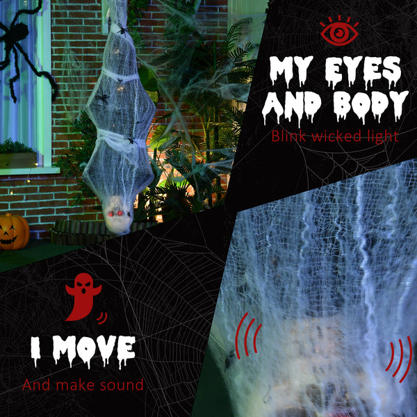 1.4m Life Size Halloween Decoration, Animated Spider Web Hanging Mummy with Sound &amp; Motion Activated, Light-Up Eyes, Spooky Sound