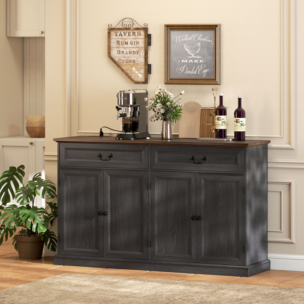 Farmhouse style buffet with charging station, 2 drawers and 2 adjustable shelves, gray wood finish