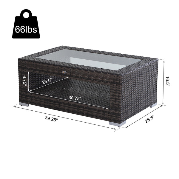 2-Tier Rattan Patio Coffee Table Outdoor Side Table PE Wicker Patio Garden Tea End Desk with Tempered Glass Top & Storage for Balcony, Backyard, Poolside