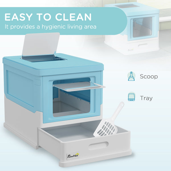 Enclosed litter box with scoop and tray, blue