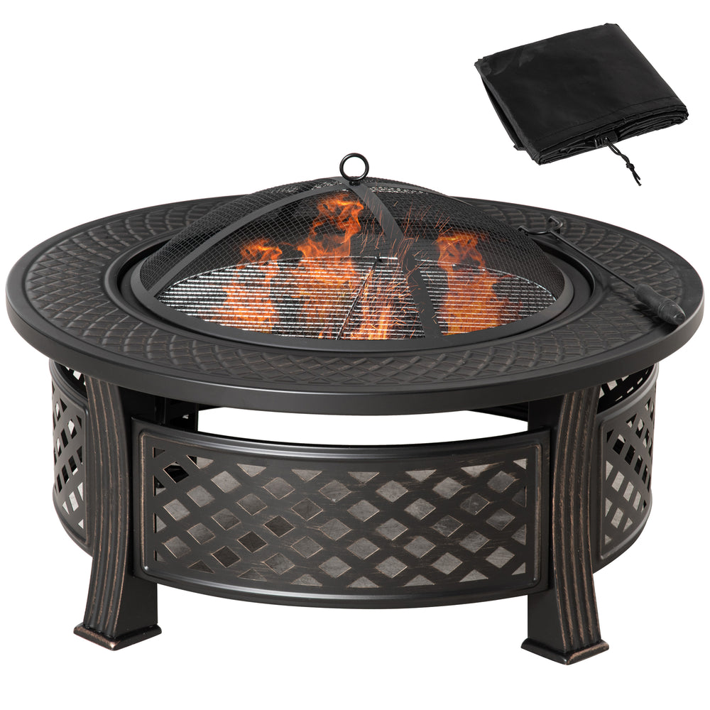 Outdoor Fire Pit with Grill, Mesh Lid, Poker, for Camping, Bonfire, Picnic, Bronze