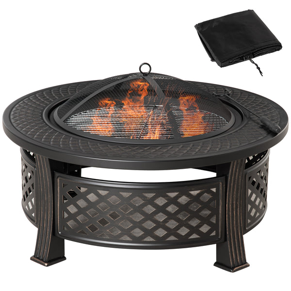 Outdoor Fire Pit with Grill, Mesh Lid, Poker, for Camping, Bonfire, Picnic, Bronze