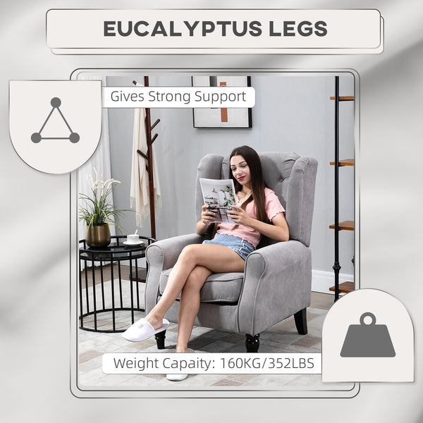 Modern fabric upholstered accent chair with wooden legs and rolled arms, gray