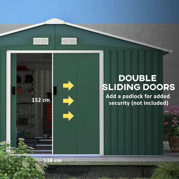 Practical garden shed with 4 ventilation openings and double sliding doors, green