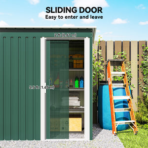 Garden shed with sliding door and sloping roof, steel frame, green