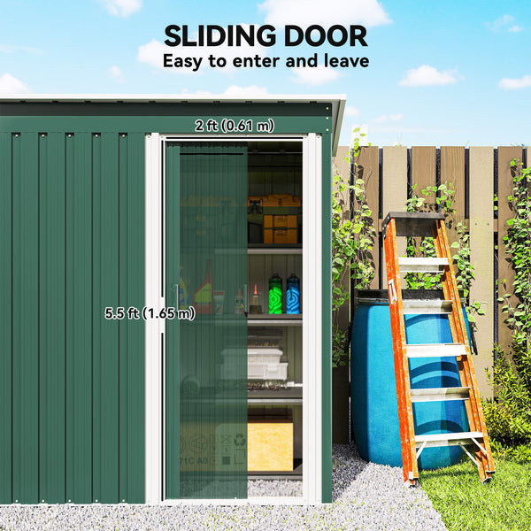 Garden shed with sliding door and sloping roof, steel frame, green
