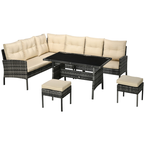 6-Piece Wicker Dining Set with Removable Cushions, Glass Top, 2 Ottomans and Coffee Table, Khaki