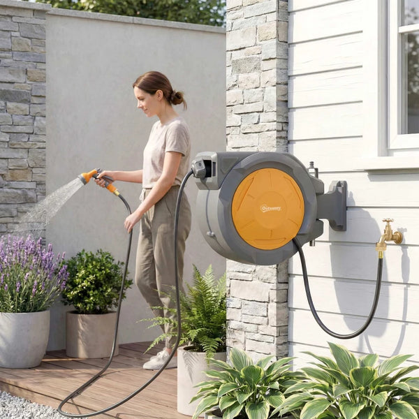 Retractable wall-mounted garden hose reel, orange.