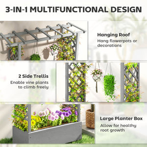 Wooden raised bed with trellis, hanging roof, drainage holes and bed liner