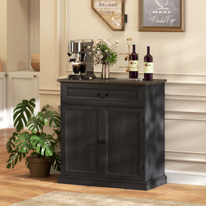 Farmhouse style buffet, thick top, silent drawer and adjustable shelf, black wood finish.