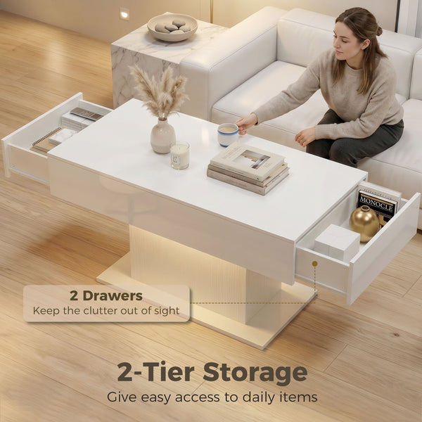 LED Coffee Table with Storage, High Gloss with 2 Drawers and Remote Control for Living Room, White