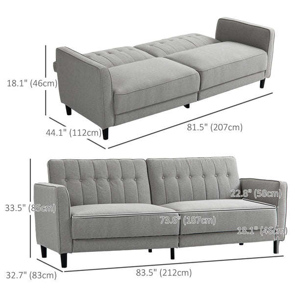 Convertible sofa bed in tufted fabric with adjustable backrest, gray