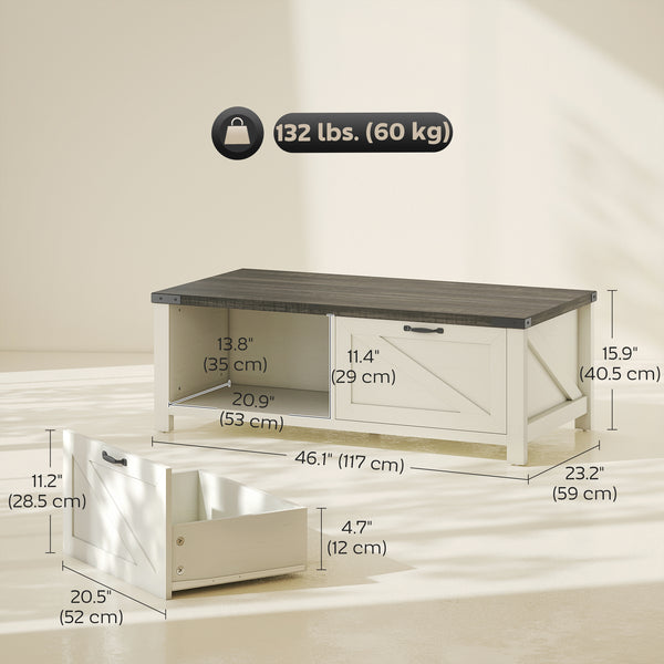 Farmhouse Coffee Table with Drawer and Open Shelf, Distressed White