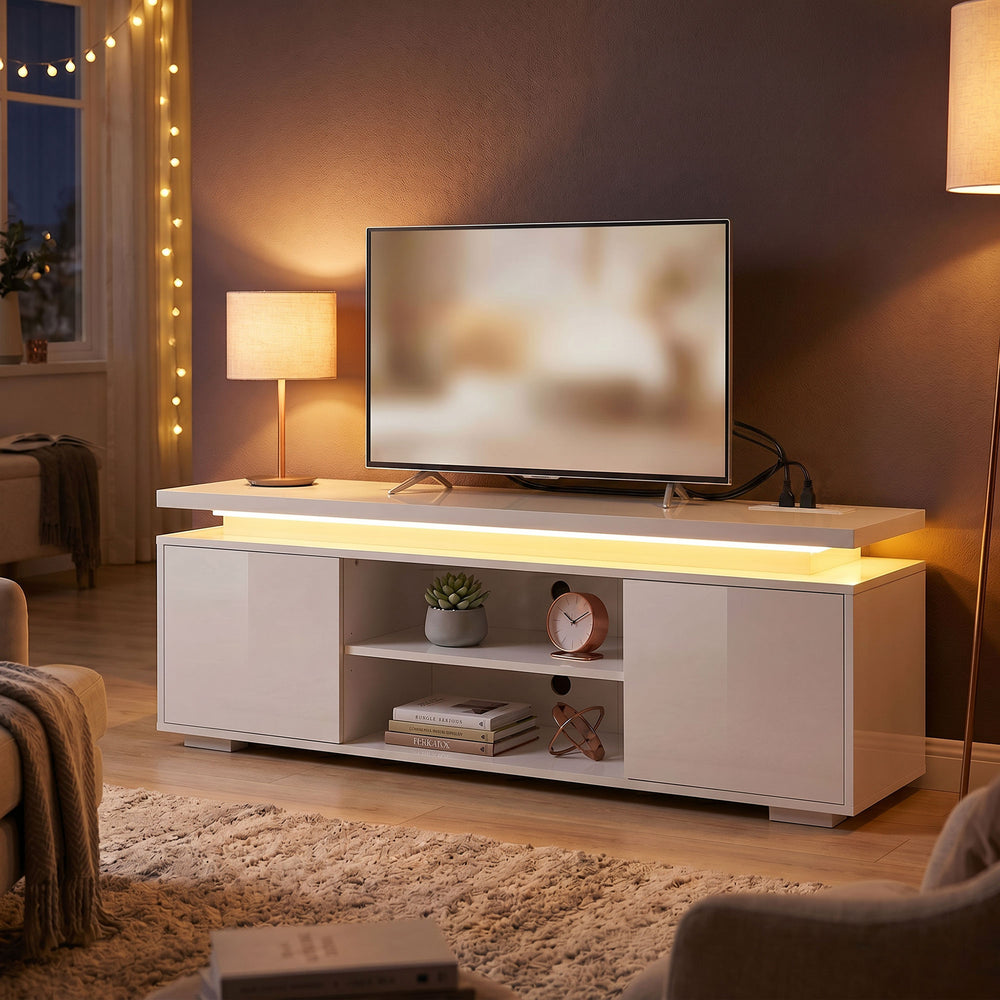 TV stand for TVs up to 60 inches with LED lighting and power outlets, high-gloss white