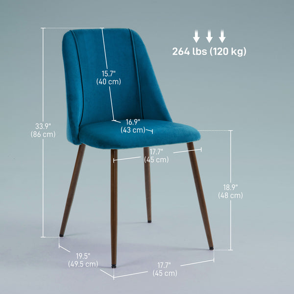 Set of 4 velvet upholstered chairs with wood-effect steel legs, dark blue